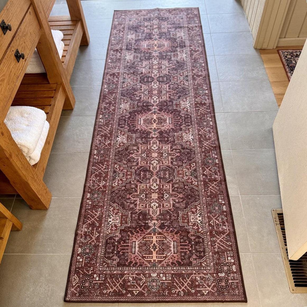Mulberry Red and Denim MM-21 Machine Washable Rug