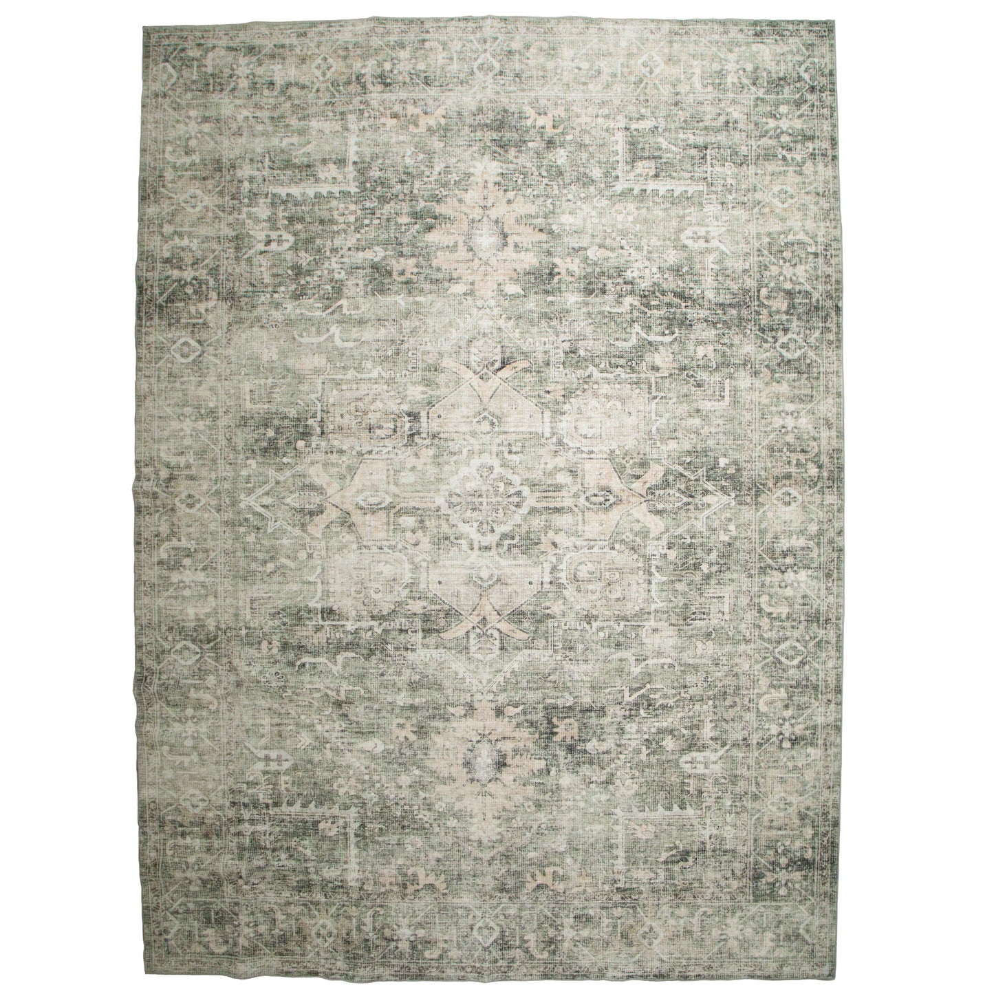 Green Patterned MM-11 Machine Washable Rug