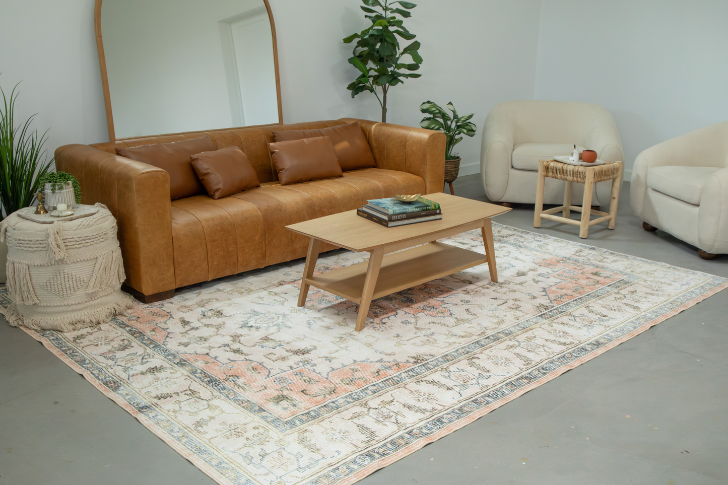 Peach/Blue Starburst MM-06 Machine Washable Area Rug