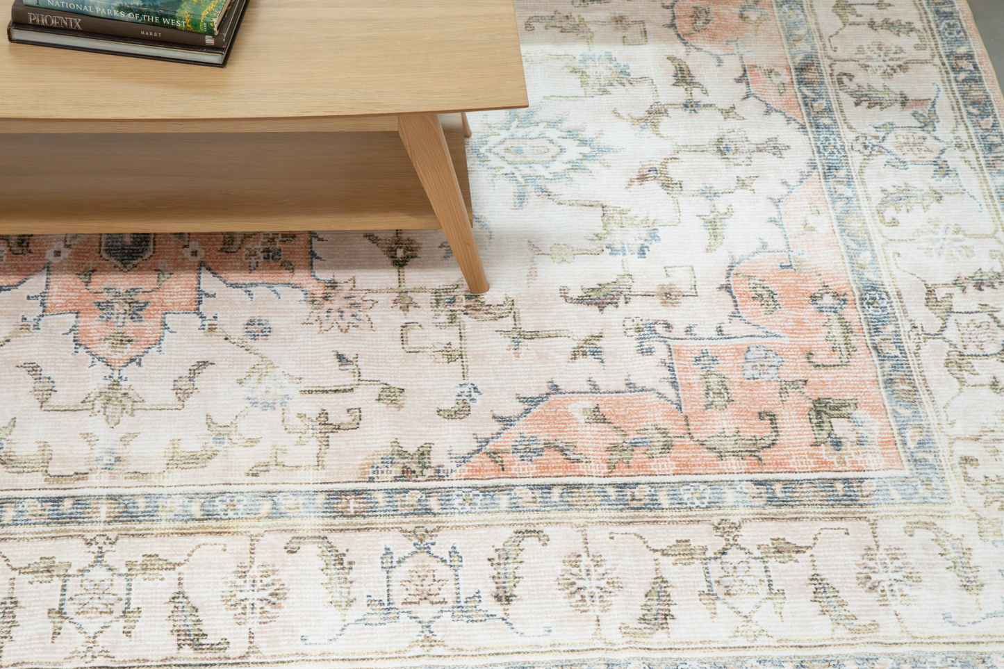 Peach/Blue Starburst MM-06 Machine Washable Area Rug