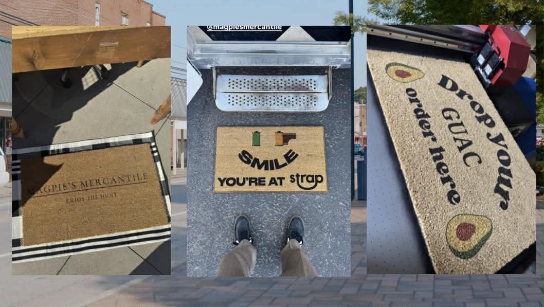 Load video: Collection of custom coir doormat designs featuring ranch brand styles, family name doormats, humorous quotes, seasonal and sentimental designs